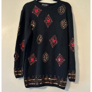 Vtg Pierre Cardin Black Sweater Medium Silk Angora Jeweled Detail Long Sleeve
